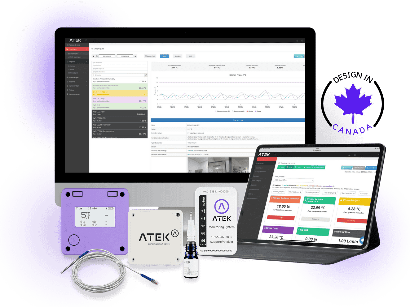 ATEK products displayed with sensors and screens