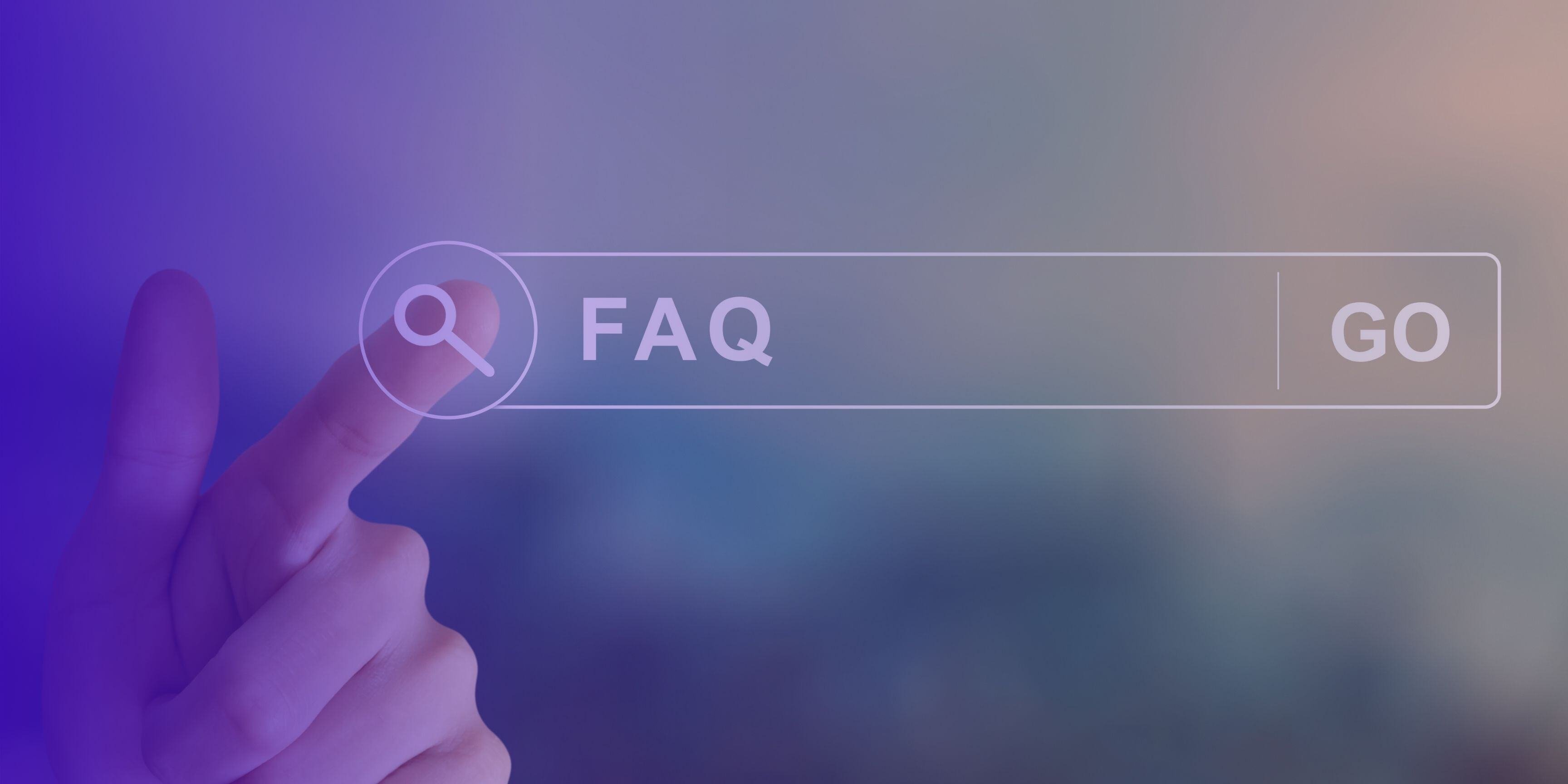 Hand touching a search bar displaying the word "FAQ", symbolizing access to frequently asked questions.