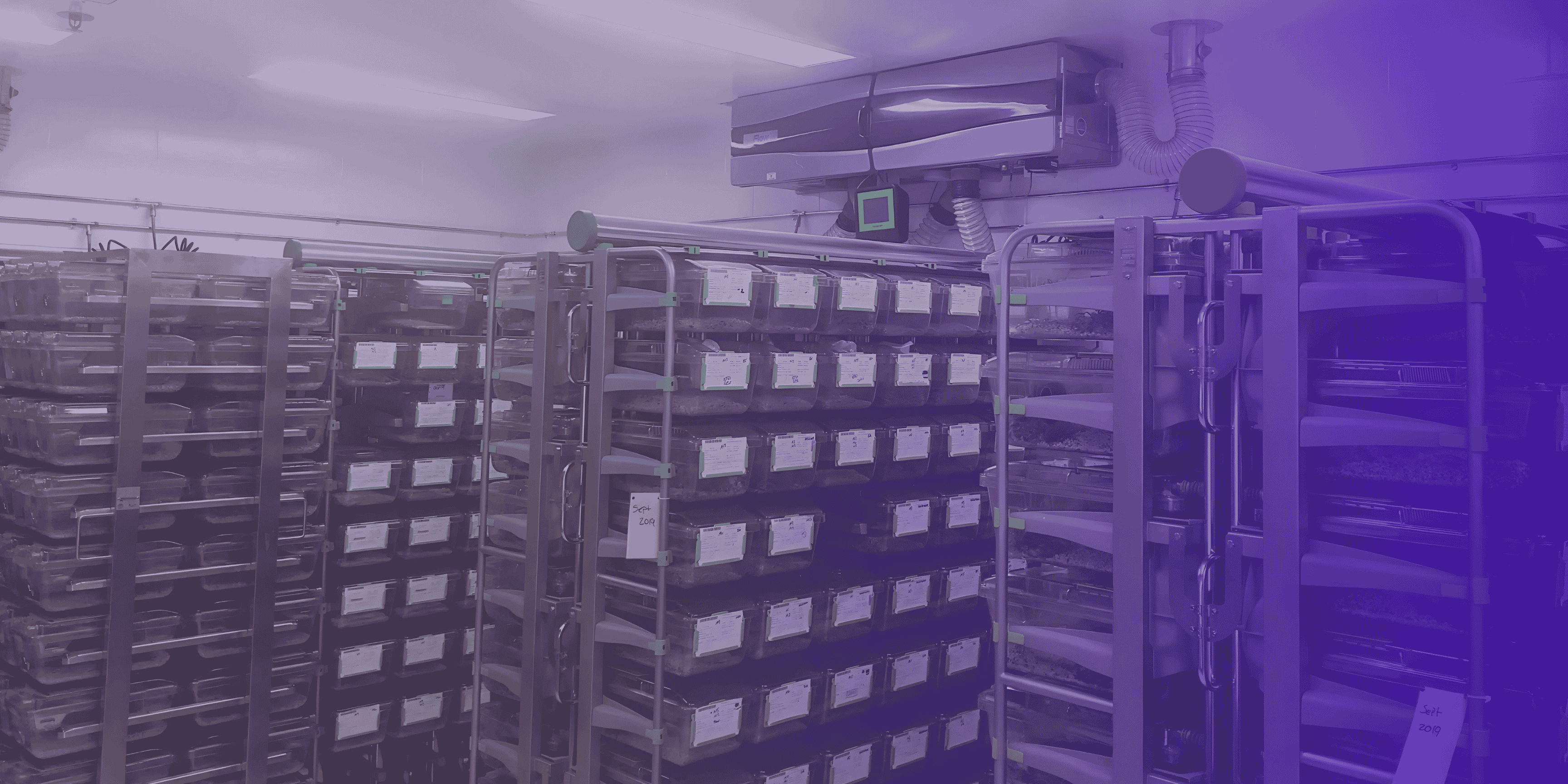 Animal research room with ventilated cage racks and air filtration unit.
