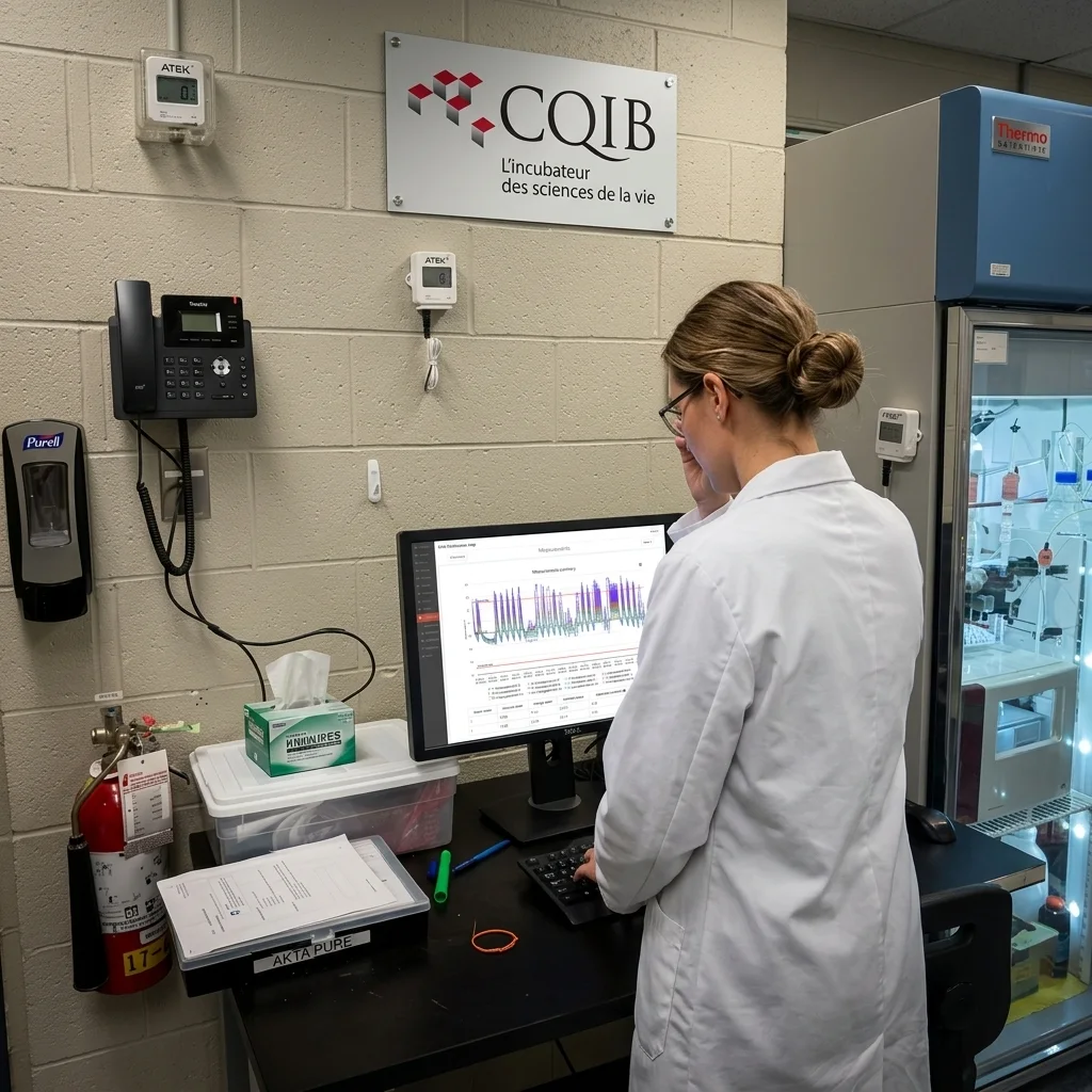 A scientist views environmental monitoring trends on an ATEK dashboard beside laboratory equipment at CQIB.