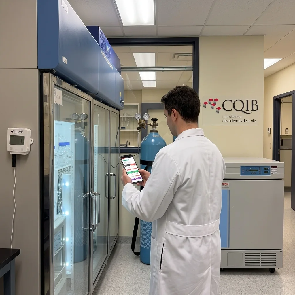 A scientist checks the ATEK monitoring dashboard on a smartphone beside laboratory equipment at CQIB.